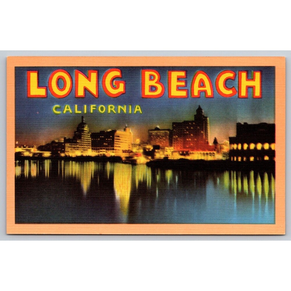 Vtg Long Beach California Linen Postcard Skyline Night View Longshaw Unposted